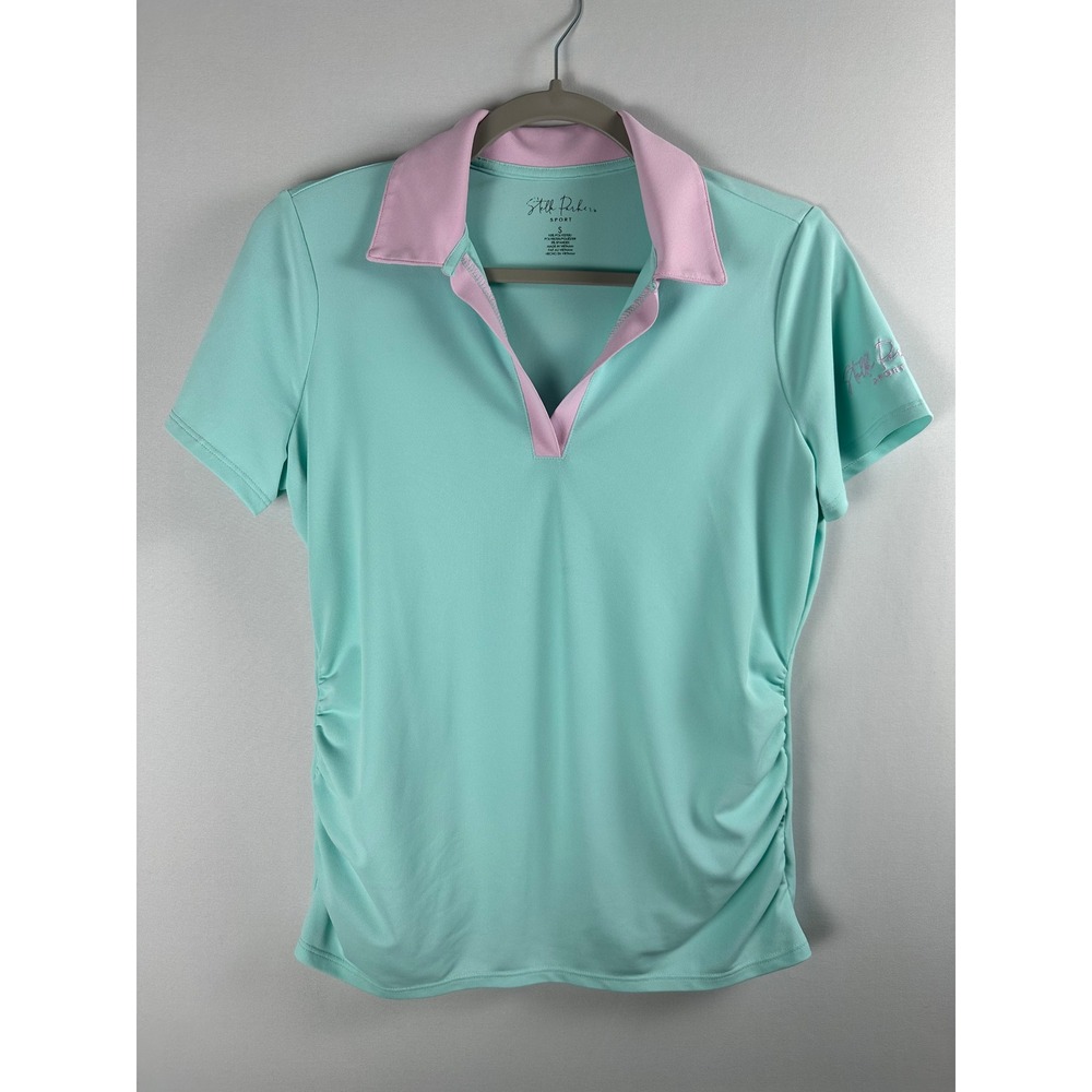 Stella Parker Sport‎ Polo Shirt S Aqua Pink Ruched V-Neck Preppy Golf Tennis